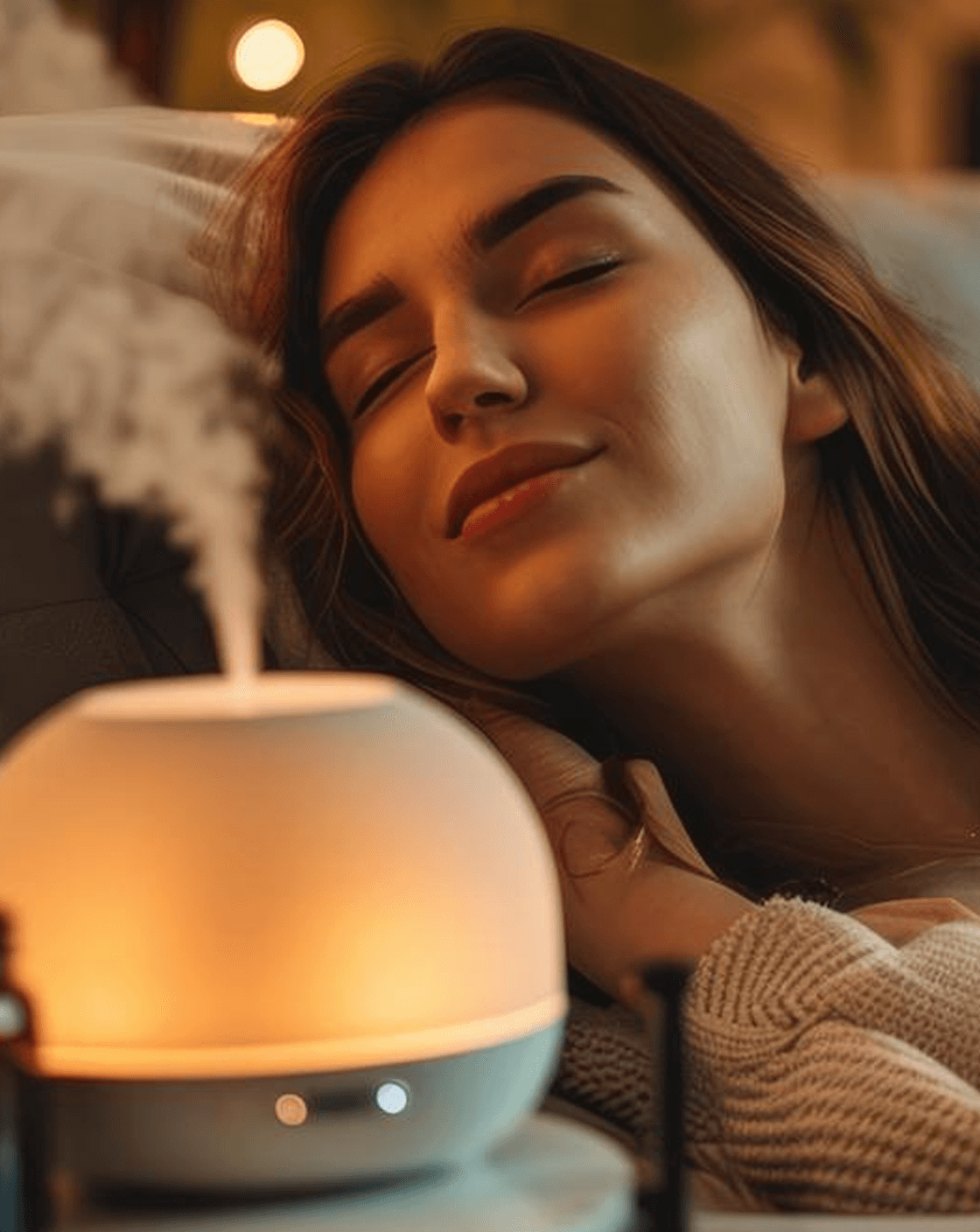 Woman relaxing with her eyes closed next to a lit essential oil diffuser emitting mist.