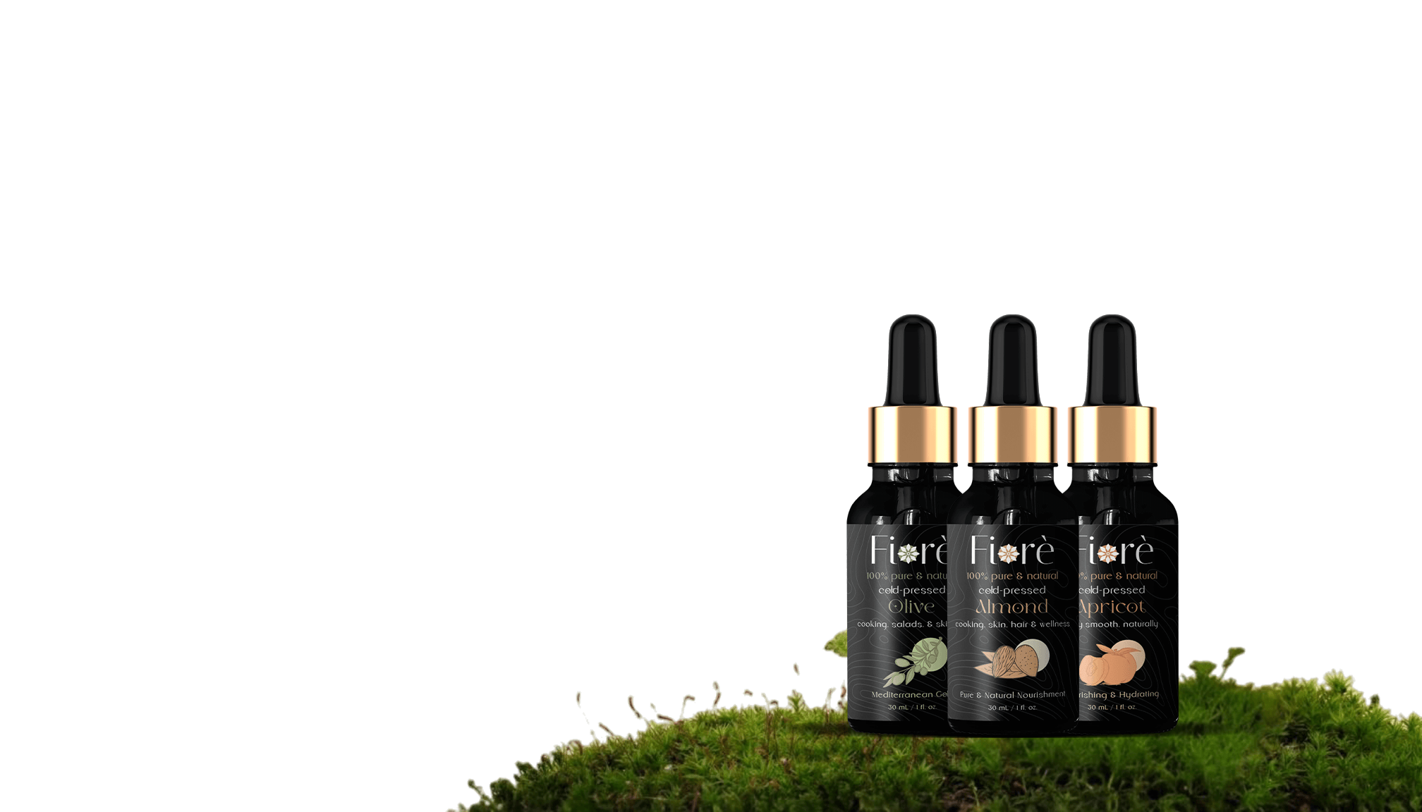 Three Fiore Oils bottles featuring Olive, Almond, and Apricot oils placed on a green mossy surface with a white background.